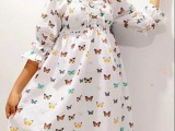 Butterfly  smoked Long sleeves  frock For Sale